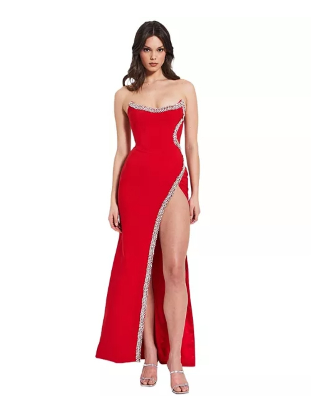 Strapless Red Evening Gown with Rhinestone Trim
